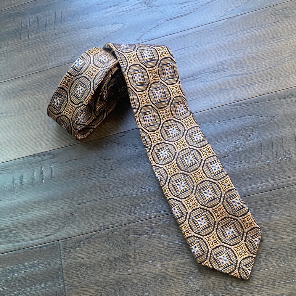 JZ RICHARDS 100% Silk Geometric Print Golden Yellow and Blue Handmade